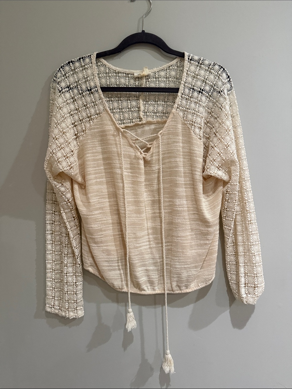 Lace-Panel Cream Women’s Boho Pullover Top - S